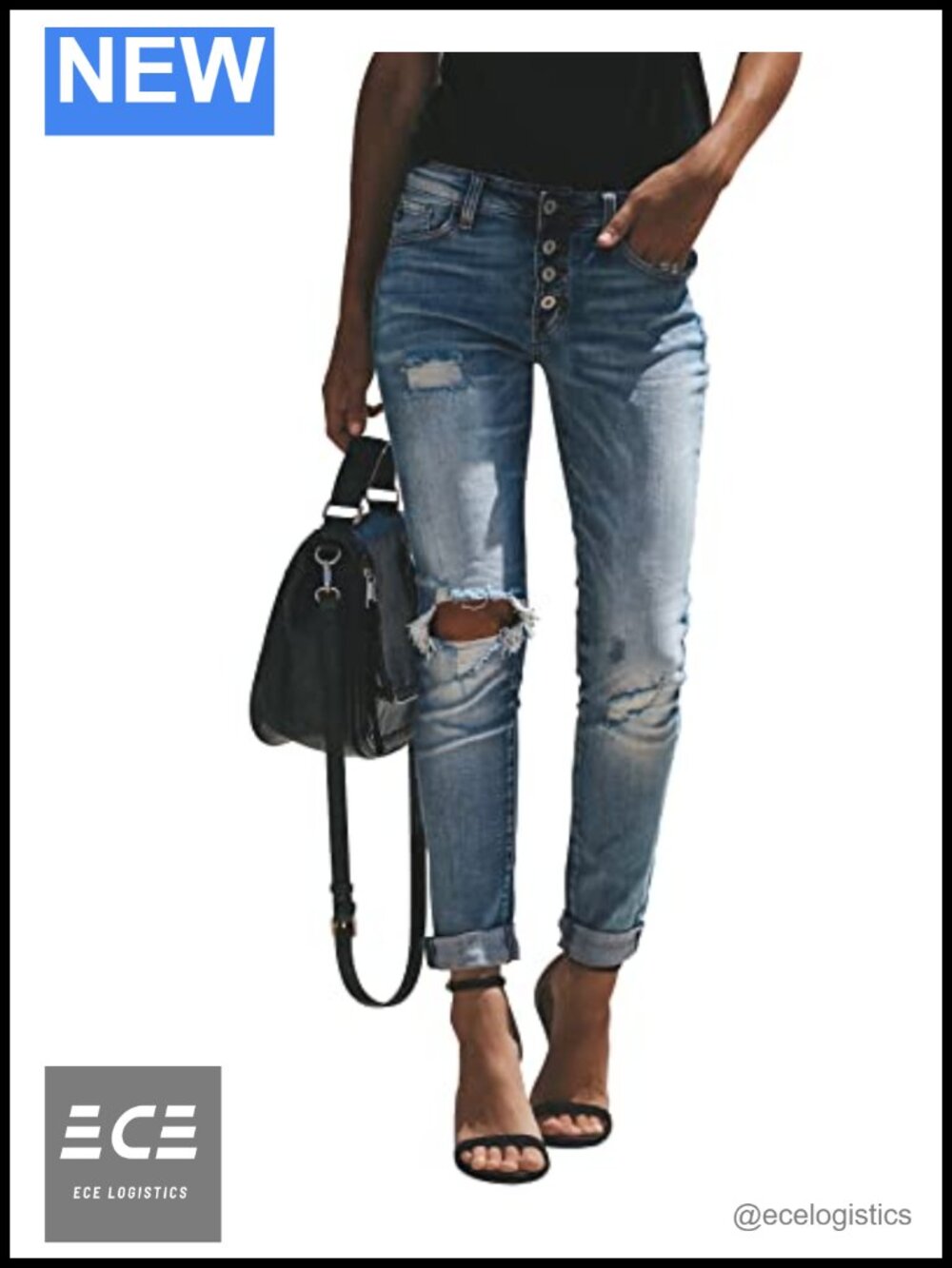 Ripped Mid Waisted Boyfriend Jeans Loose Fit Stretchy Denim Pants